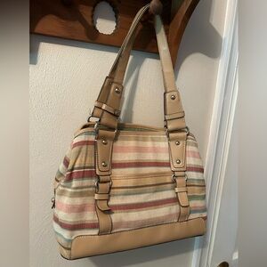 Liz&Co Linen/cotton/rayon pastel stripe shoulder bag coord tan trim, silver her